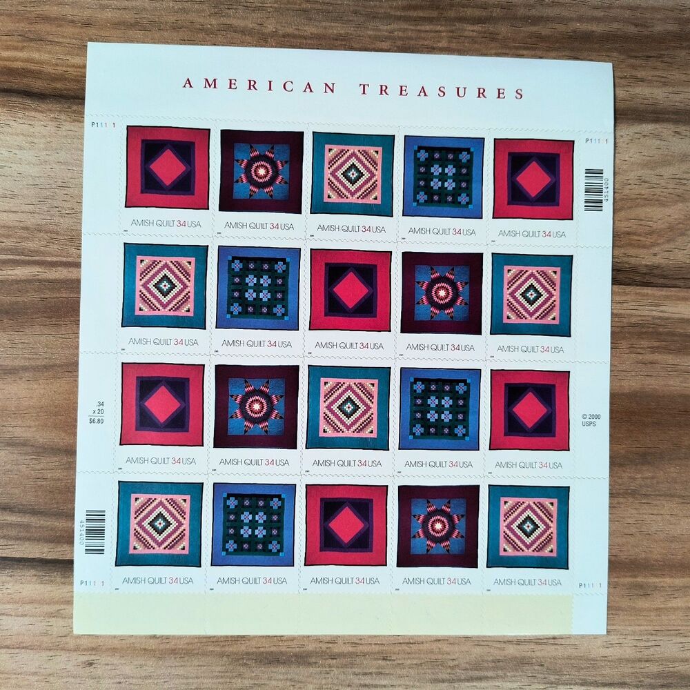 Vintage 2000 USPS “American Treasures – Amish Quilts” 34¢ Stamp Sheet